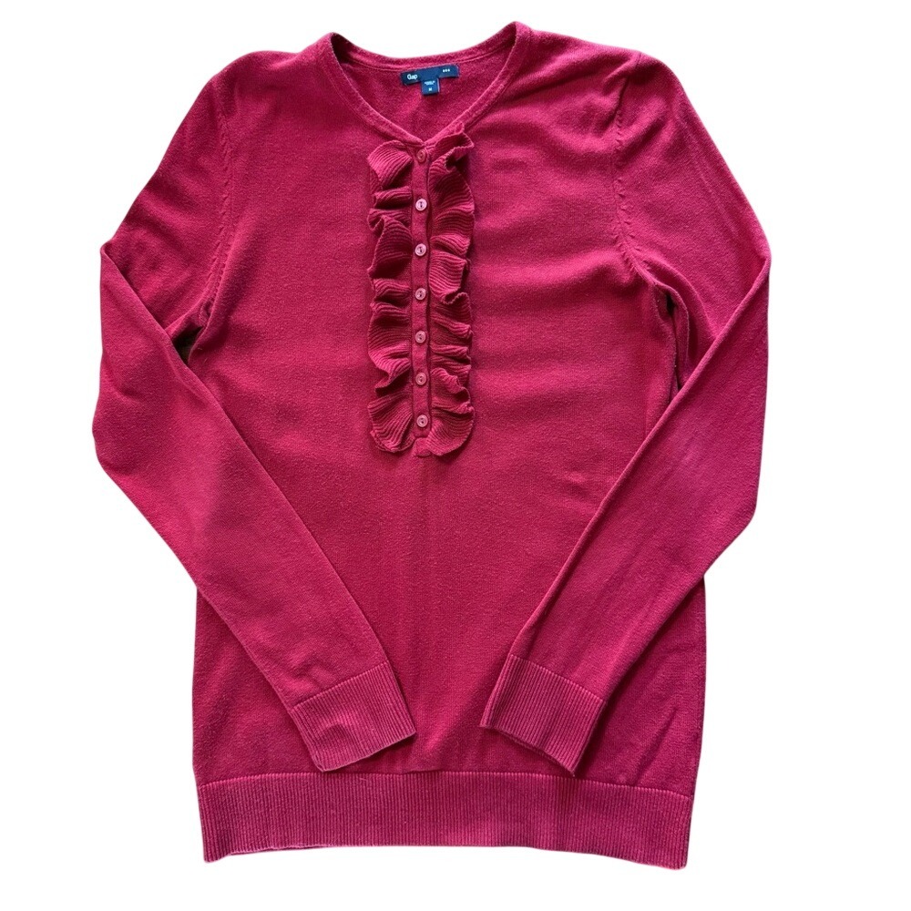 Gap Womens Red Ruffle Front Long Sleeve Cotton Knit Sweater Medium Coquette